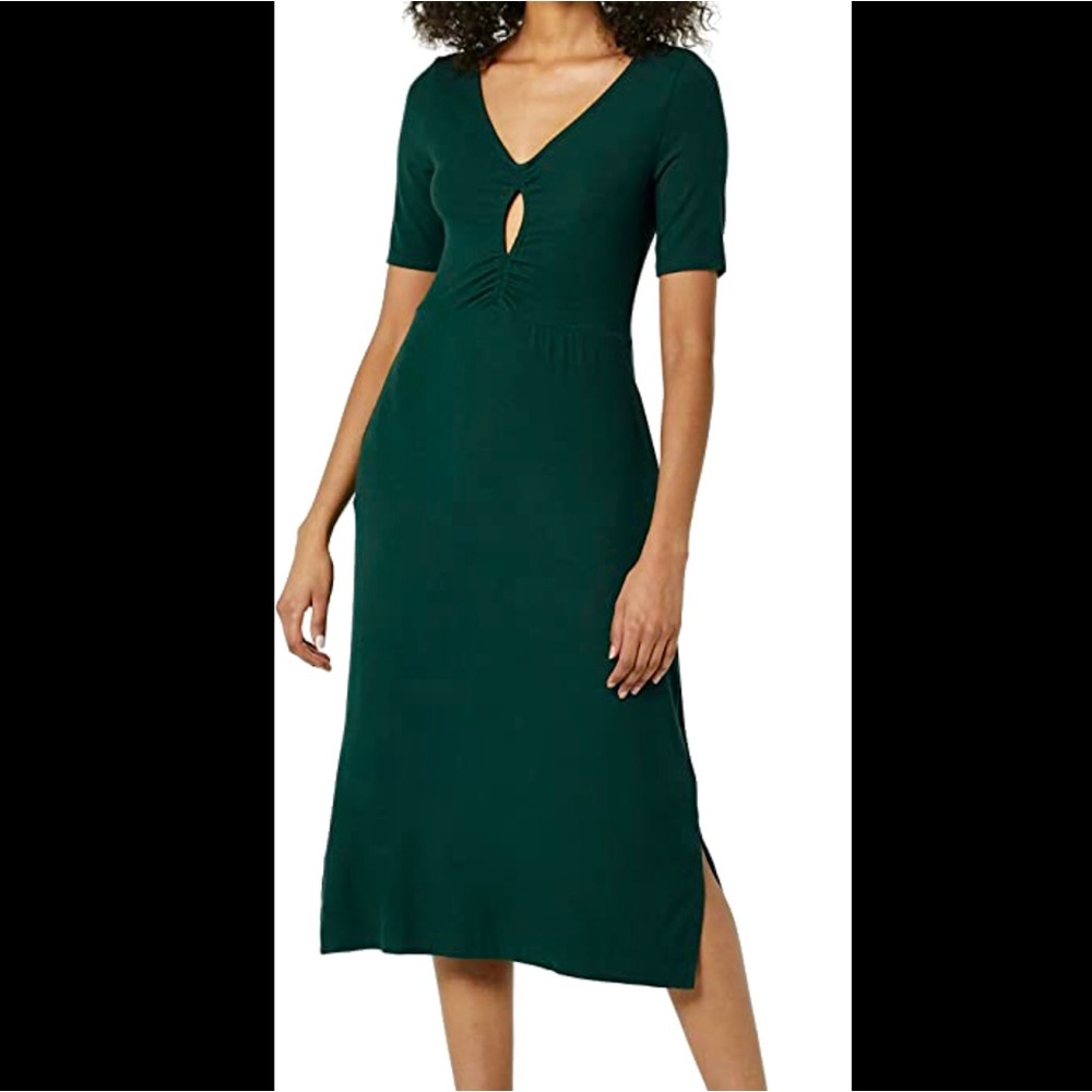 Daily Ritual Women's Fine Rib Ruched Keyhole Dark Green Fall Winter Dress